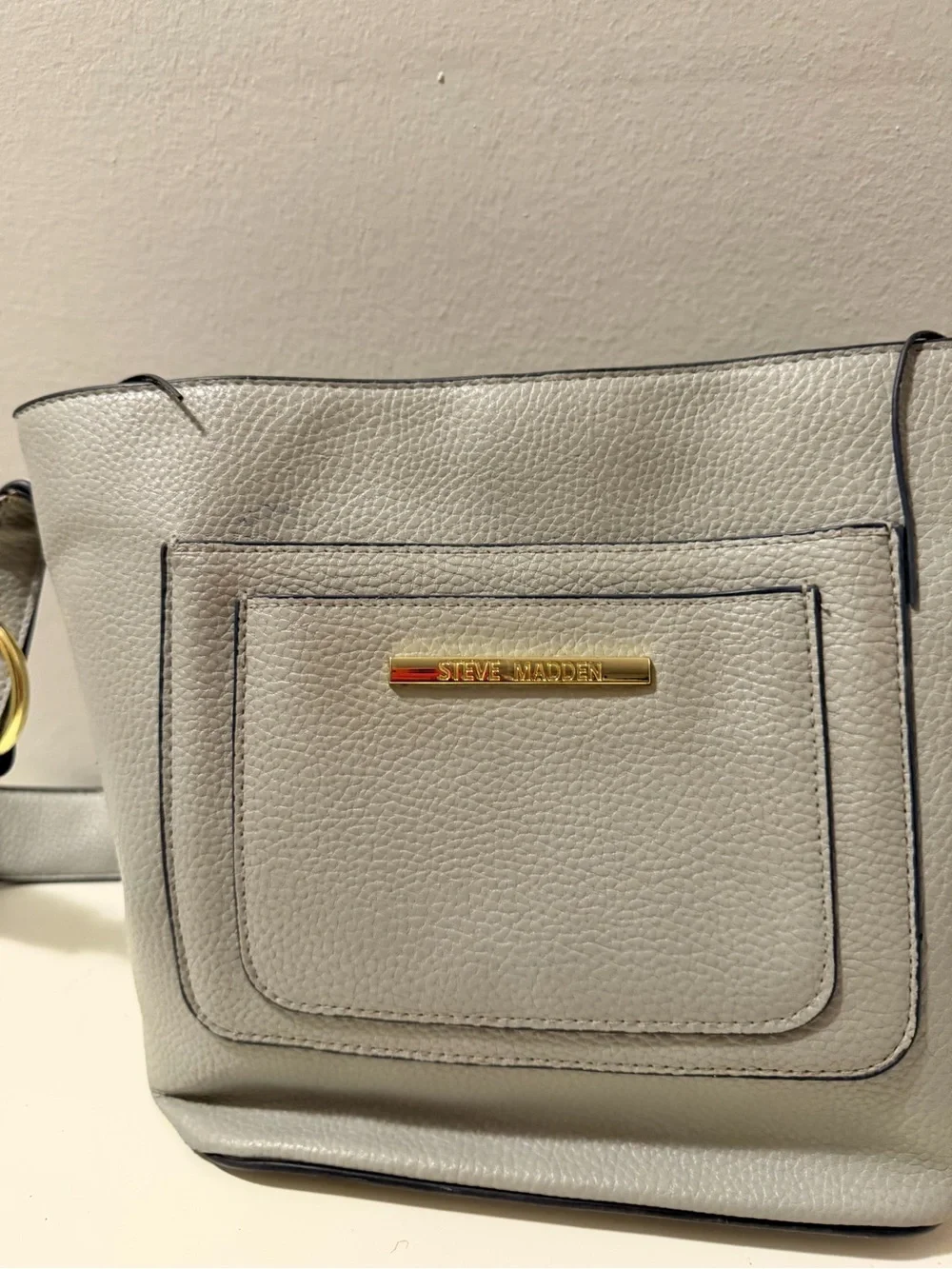 Steve Madden Light Gray Pebbled Tote with Gold Logo Accent